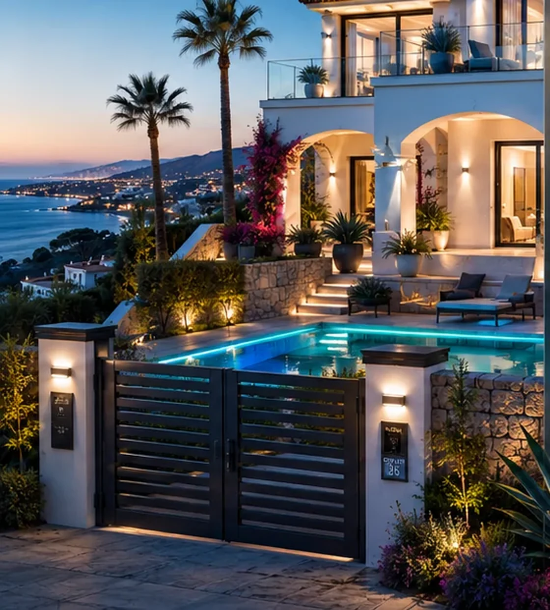 Villa mediterránea iluminada al atardecer con jardín, piscina y panel de monitorización Smart Home
