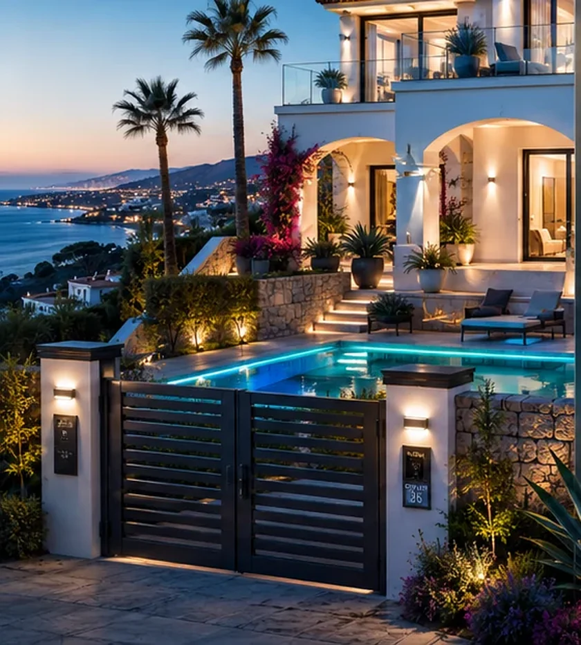 Villa mediterránea iluminada al atardecer con jardín, piscina y panel de monitorización Smart Home